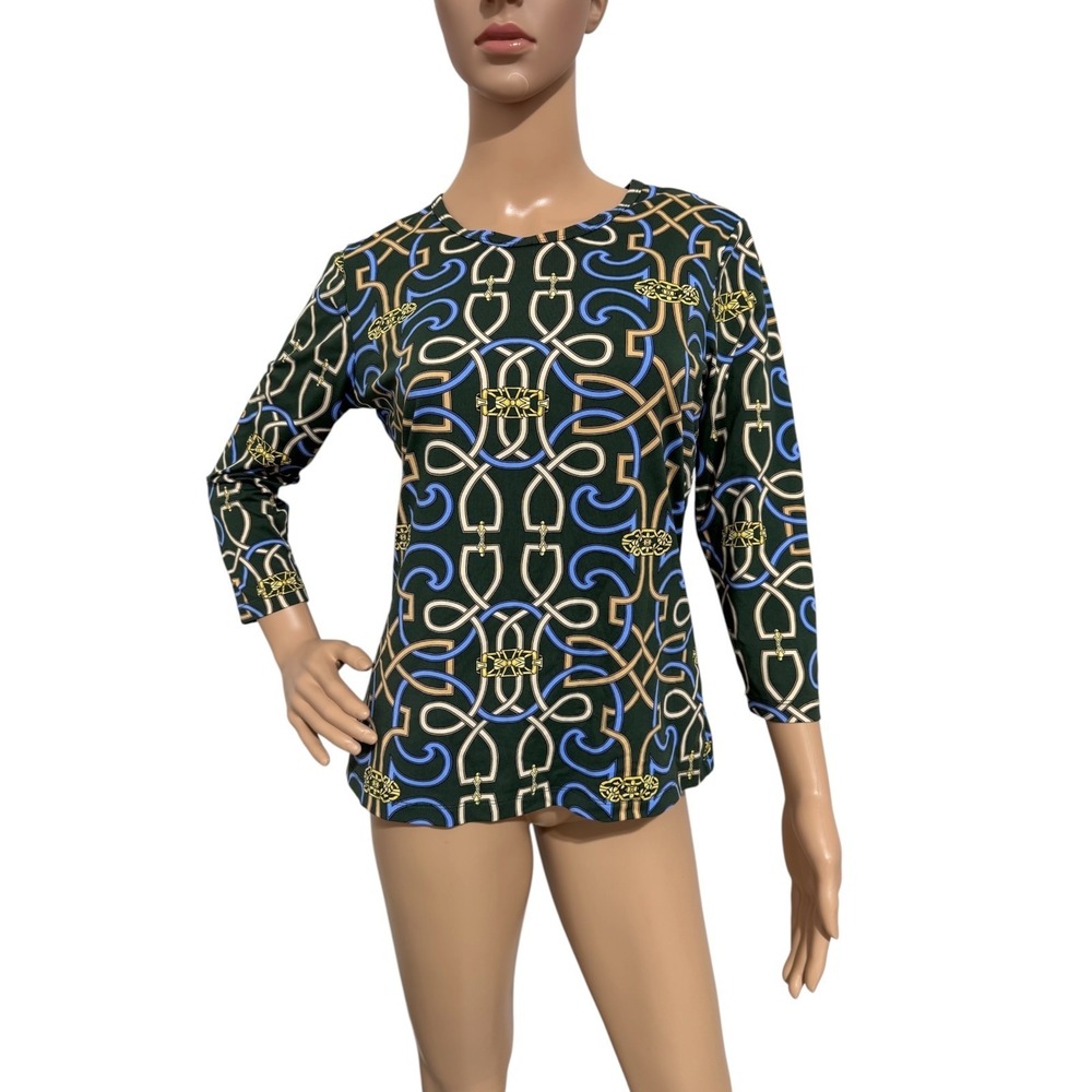 J. McLaughlin Catalina Cloth Equestrian Chain Print Stretch Top Green Blue Sz M - Picture 2 of 8